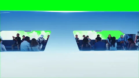 3d people and robots. Flying passenger train. Utopia. concept of the future Stock Footage 244636219