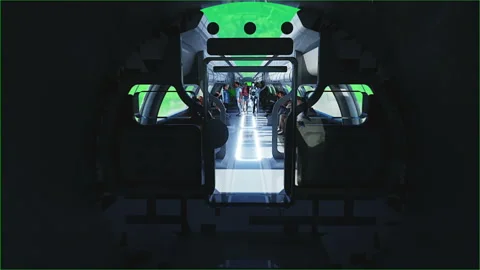 3d people and robots. Flying passenger train. Utopia. concept of the future Stock Footage 244636828