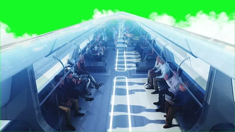 3d people and robots. Flying passenger train. Utopia. concept of the future Stock Footage 244637764