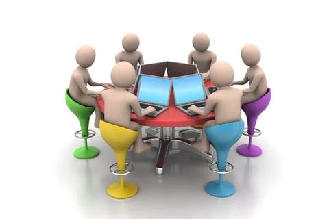 3d people around a table looking at laptops Free Stock Illustration