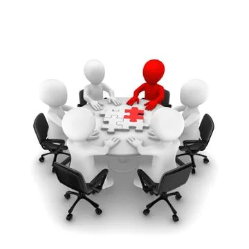 3d people on the circle table with puzzle Stock Illustration