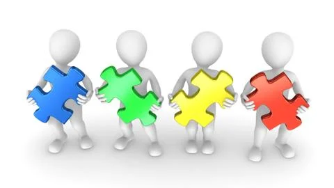 3d people with colored puzzle pieces Stock Illustration