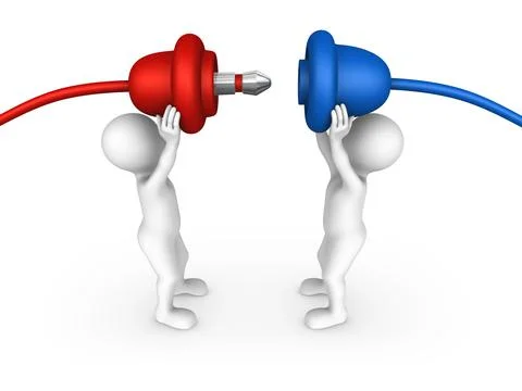 3d people conecting two colored cables together Stock Illustration