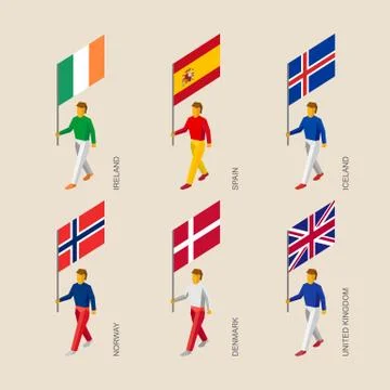 3d people with flags Denmark, UK, Spain, Norway, Ireland, Iceland. 스톡 일러스트