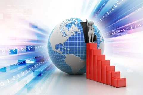 3d people with graph and globe in color background Stock Illustration
