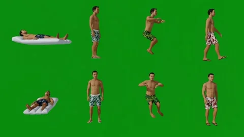 3d people on green screen animated man by beach and swimming pool walking swimmi Video stock 227683554
