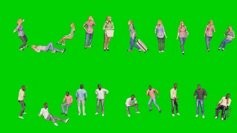 3d people man on green screen scattered lie and stand in casual summer outfits Video stock 334702254
