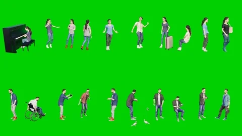 3d people man on green screen group with piano prop in casual attire this Vidéo 334702256