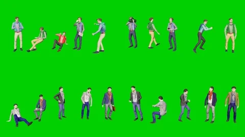 3d people man on green screen scattered sit and stand in casual outfits this 動画素材 334702309