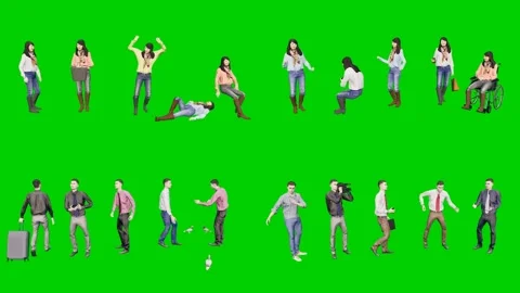 3d people man on green screen large group with arms raised sits and stands in Video stock 334702329