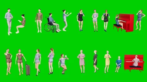3d people man on green screen scattered with red flag piano and wheelchair in Video stock 334702353