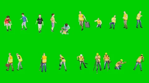 3d people man on green screen construction style group with boxes in work Stock Footage 334702396