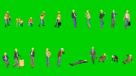 3d people man on green screen scattered with boxes and props in casual outfits Stock Footage 334702412