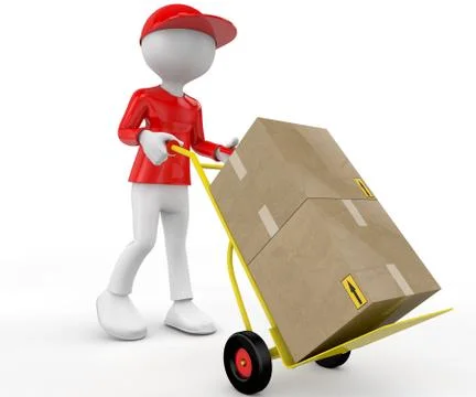 3d people - man, person with hand trucks and packages. postman Stock Illustration