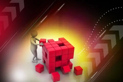 3d people - man, person pushing a cube Illustrazione stock