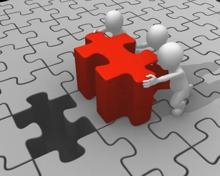 3d people push red puzzle piece Stock Illustration