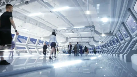 3d people in Sci fi tonnel. Traffic. Concept of future. Realistic 4K animation. Video stock 110948814