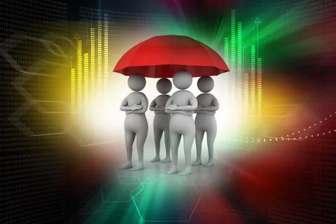 3d people under a red umbrella, team work concept Stock Illustration