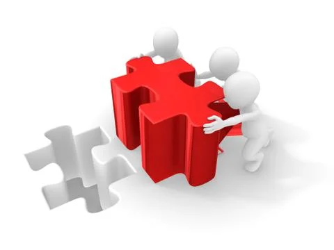 3d people working with big red puzzle Stock Illustration