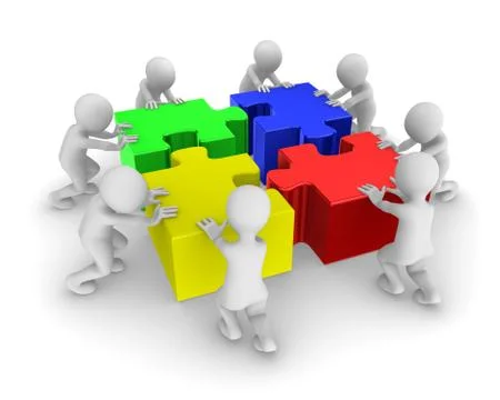3d people working as a team with colored jigsaw puzzle Stock Illustration