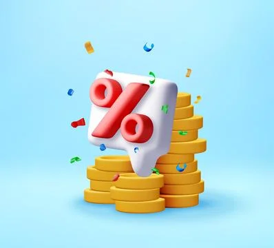 3D percentage sign on stack of coins with confetti イラスト素材