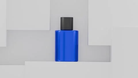 3D Perfume Bottle Showcase. Blue Bottle with Black Cap on White Geometric Base. Stock Footage 313382333
