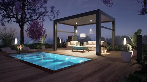 3D Pergola on private deck at dusk side view zoom in Stock Footage 278085733
