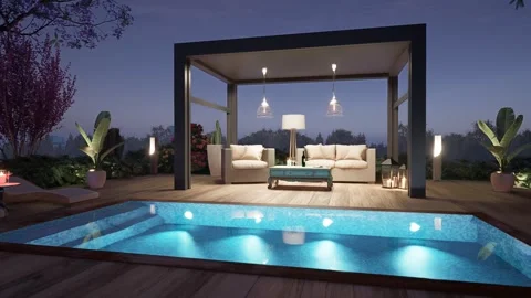 3D Pergola on private deck at dusk orbit shot Stock Footage 278085746