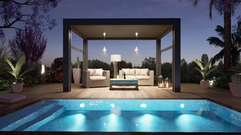 3D Pergola on private deck at twilight frontal zoom in Stock Footage 278085735