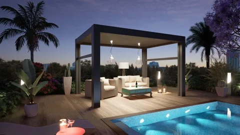 3D Pergola on private deck at twilight zoom out Stock Footage 278085739