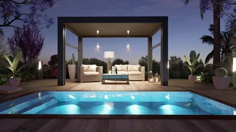 3D Pergola on private deck at twilight horizontal trucking shot Stock Footage 278085748