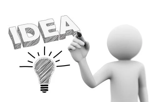 3d person drawing 3d idea word and bulb Stock Illustration