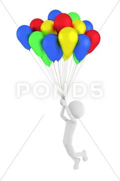 3d person holding colored balloons and flying Stock Illustration
