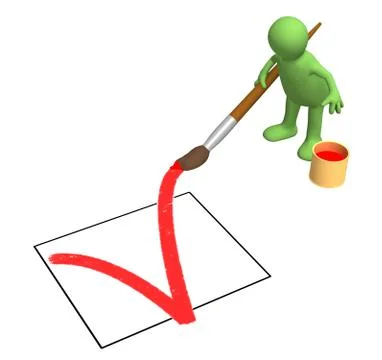 3d person - puppet, drawing in the document a tick Stock Illustration