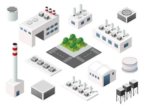 The 3D perspective aspect of set of objects of industrial plants, factories Stock Illustration