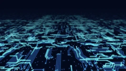 3D perspective flight over an endless glowing circuit board 스톡 동영상 348305366