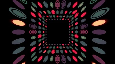 3D perspective tunnel made of glowing colorful circles and dots. Retro Stock Footage 334145141
