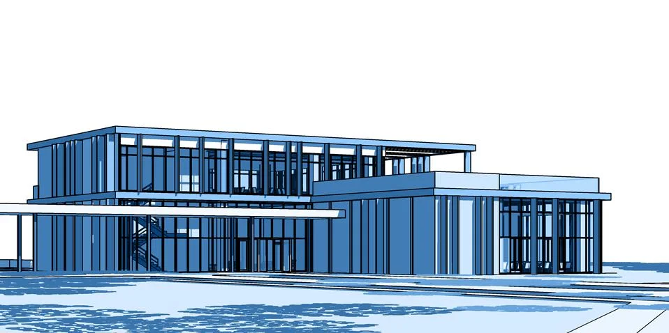3D perspective of a two storey modern building in blue color tones. Ilustración de archivo