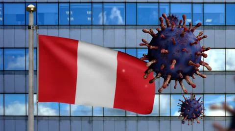 3D, Peruvian flag waving with Coronavirus outbreak. Peru Covid 19 Stock Illustration