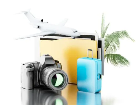 3d Photo camera with folder, airplane and suitcase. 스톡 일러스트