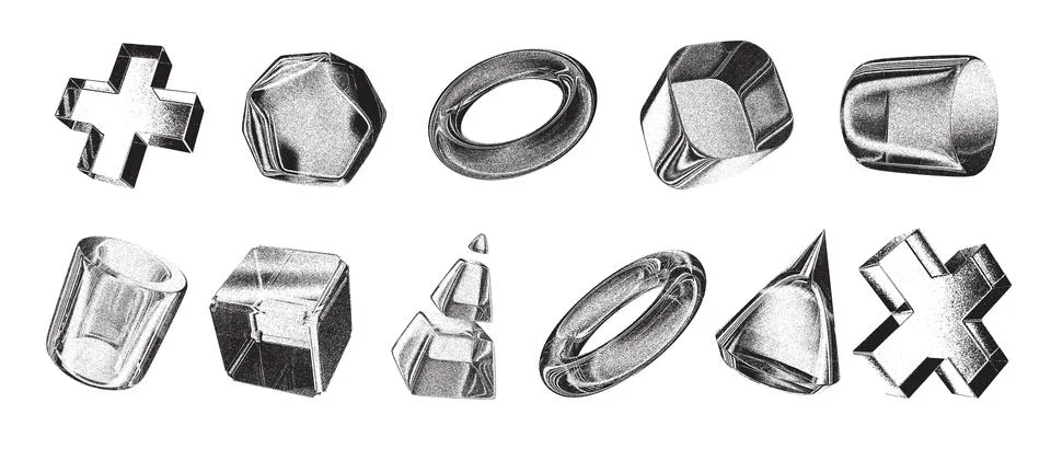 3D photocopy effect shape set, retro futuristic grunge object, abstract noise Illustrazione stock