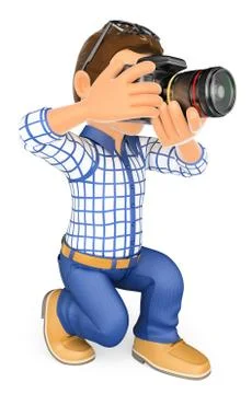 3D Photographer kneeling with his SLR camera Stock Illustration