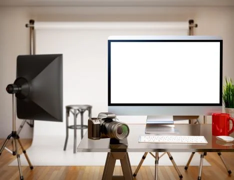 3D Photography studio with blank screen. Mockup Stock Illustration