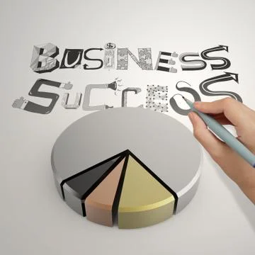 3d pie char with hand drawn graphic word business success as concept Иллюстрация