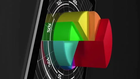 3D pie chart animation over tablet screen displaying segmented data percentages 動画素材 312848469