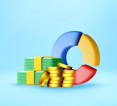 3D pie chart with stack of coin and money bundle Stock Illustration