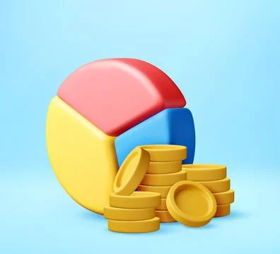 3D pie chart with stack of gold coin. Stock Illustration
