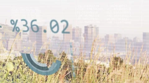 3D pie slice descending into grasses, initiating analytics, forming rotating Stock Footage 333034733