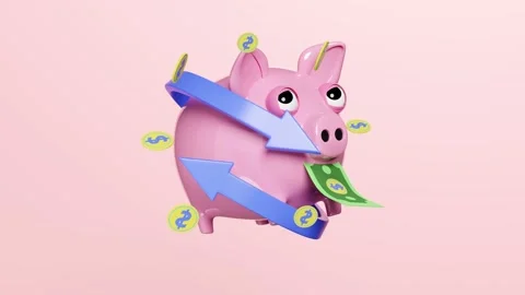 3d piggy bank float with dollar banknote, coin money isolated on pink backgro Stock Footage 212380464