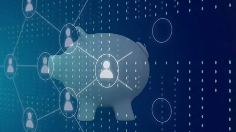 3D piggy bank sitting while highlight appearing initiating user nodes linking, Stock Footage 334788833